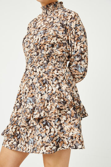 HN4189W BROWN Plus Foliage Print Long Sleeve Asymmetric Dress Full Body